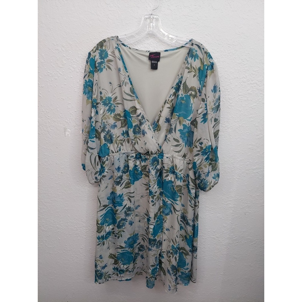 Torrid Dress Women 3 Gray Aqua Floral Crossover Surplice Knee Length Long Sleeve